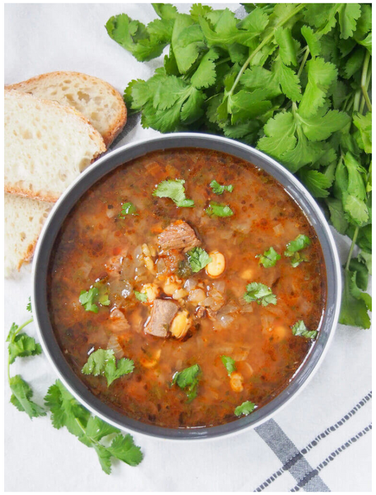 Chorba Frik (Algerian traditional soup with crushed green wheat)