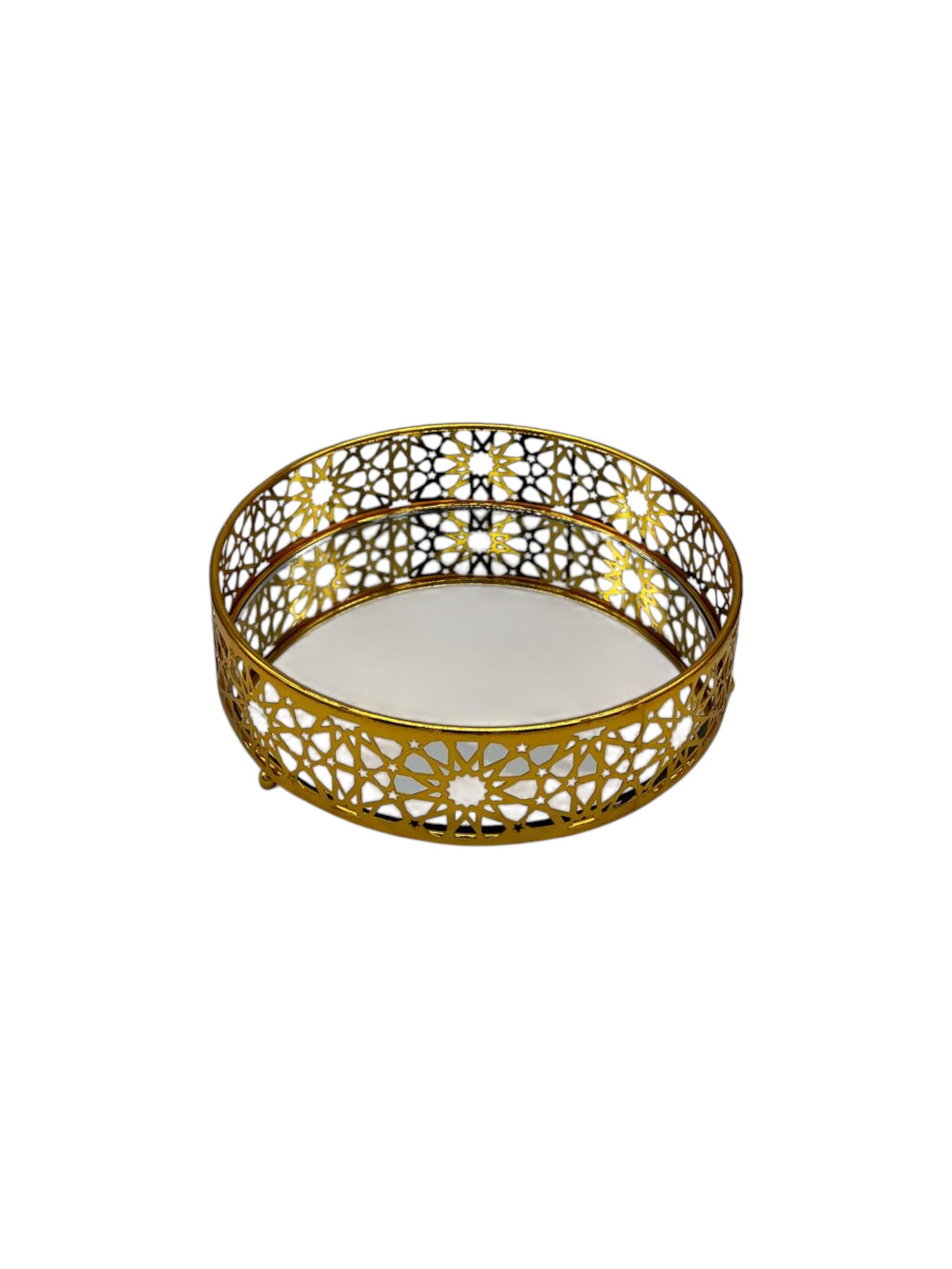 Round Gold Plated Serving Platter Set with Mirror Bottom (2 Pack)