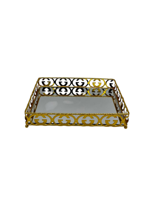 Rectangle Gold Plated Serving Platter Set with Mirror Bottom (2 Pack)
