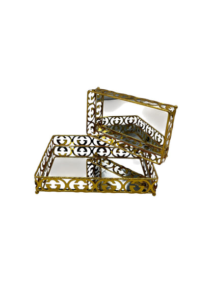 Rectangle Gold Plated Serving Platter Set with Mirror Bottom (2 Pack)