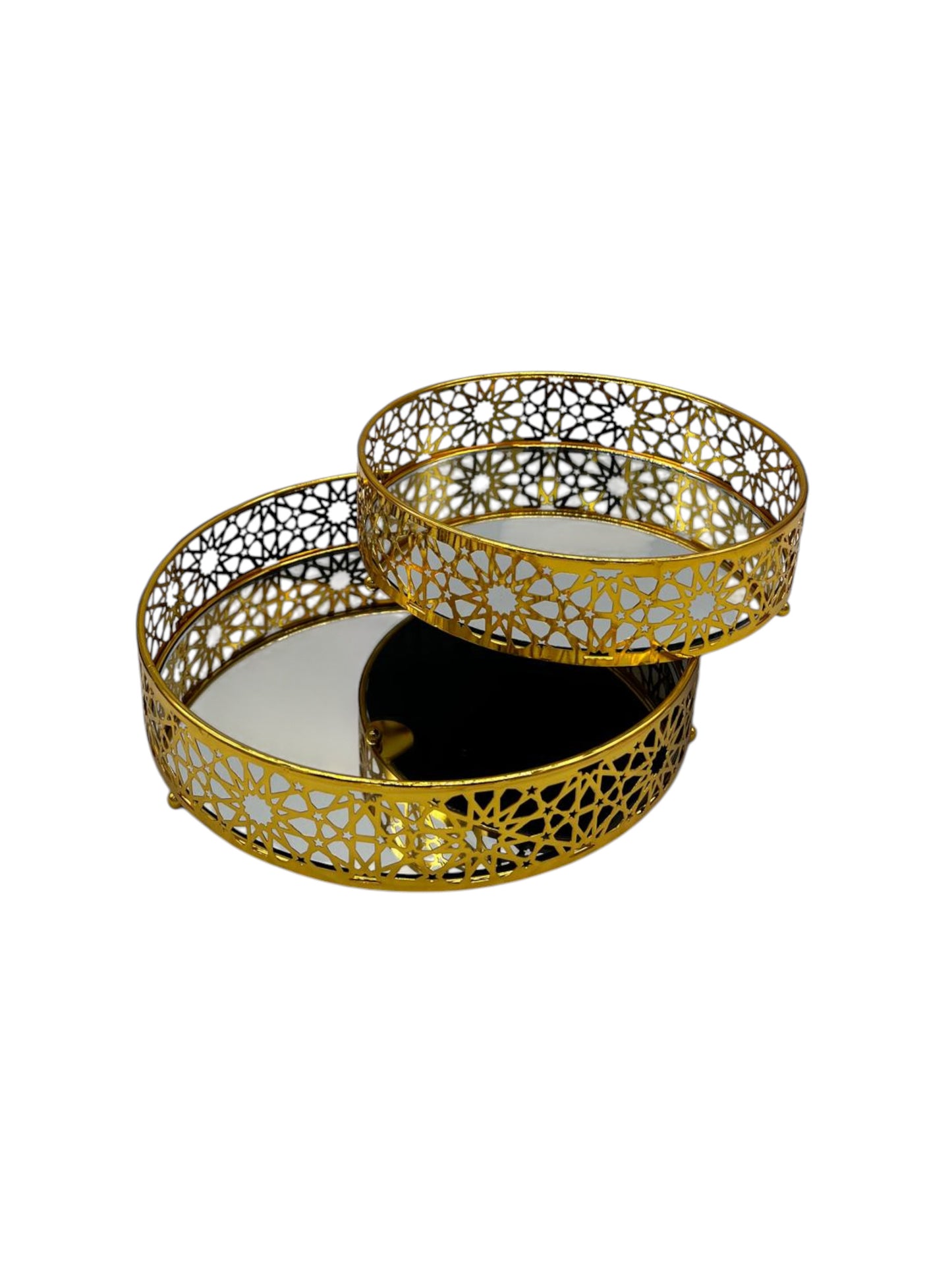 Round Gold Plated Serving Platter Set with Mirror Bottom (2 Pack)