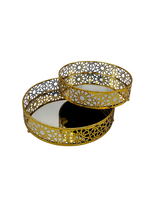 Round Gold Plated Serving Platter Set with Mirror Bottom (2 Pack)