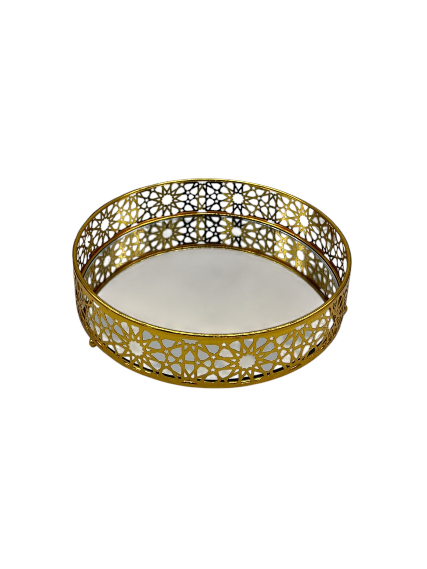 Round Gold Plated Serving Platter Set with Mirror Bottom (2 Pack)