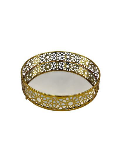 Round Gold Plated Serving Platter Set with Mirror Bottom (2 Pack)