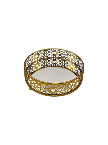 Round Gold Plated Serving Platter Set with Mirror Bottom (2 Pack)