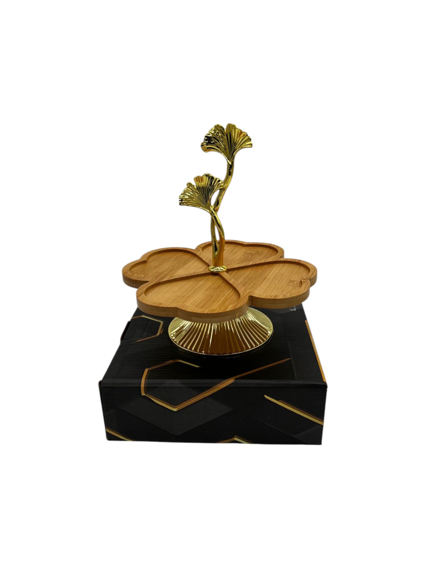 Wooden Clover Serving Dish with Gold Plated Base 18cm
