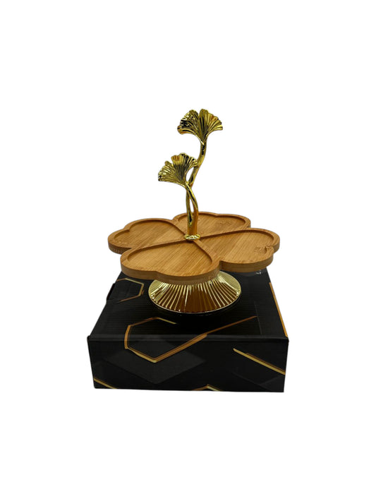 Wooden Clover Serving Dish with Gold Plated Base 18cm