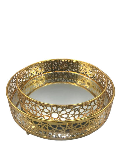 Round Gold Plated Serving Platter Set with Mirror Bottom (2 Pack)